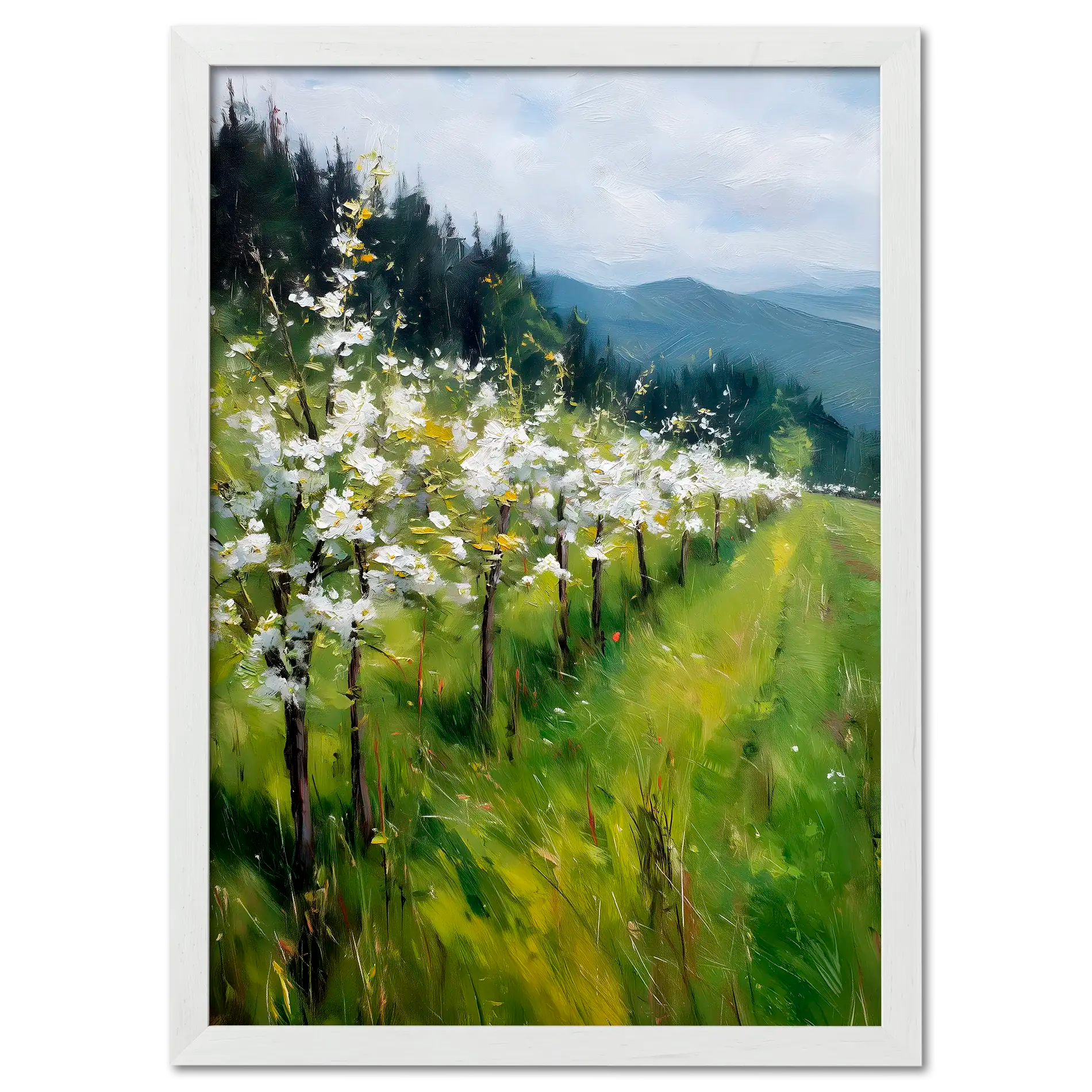Alps Bloom - Poster showcasing blooming trees on a green meadow with gentle hills in the background.