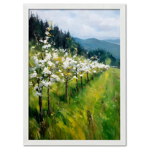 Alps Bloom - Poster showcasing blooming trees on a green meadow with gentle hills in the background.