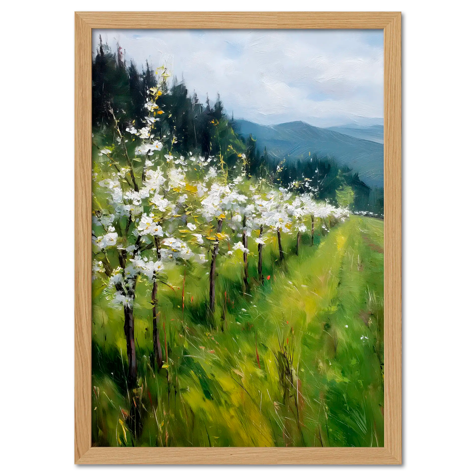 Alps Bloom - Poster featuring blooming trees in a vibrant green meadow with distant hills and soft clouds.