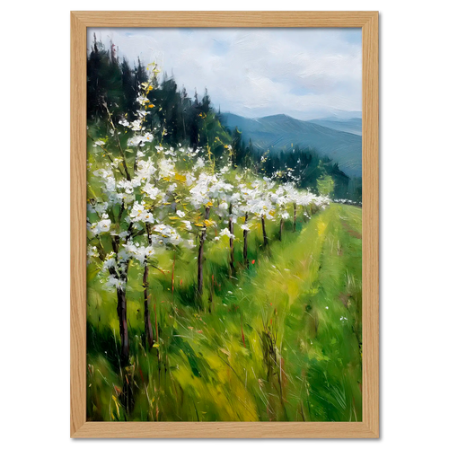 Alps Bloom - Poster featuring blooming trees in a vibrant green meadow with distant hills and soft clouds.