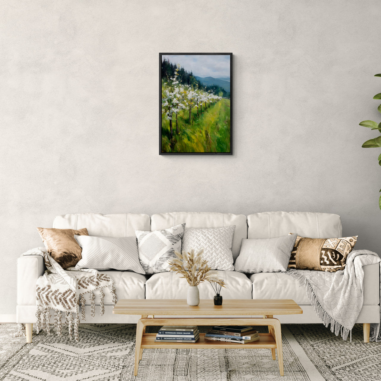 Alps Bloom - Poster showcasing a bright spring landscape with blooming trees in a modern living room.