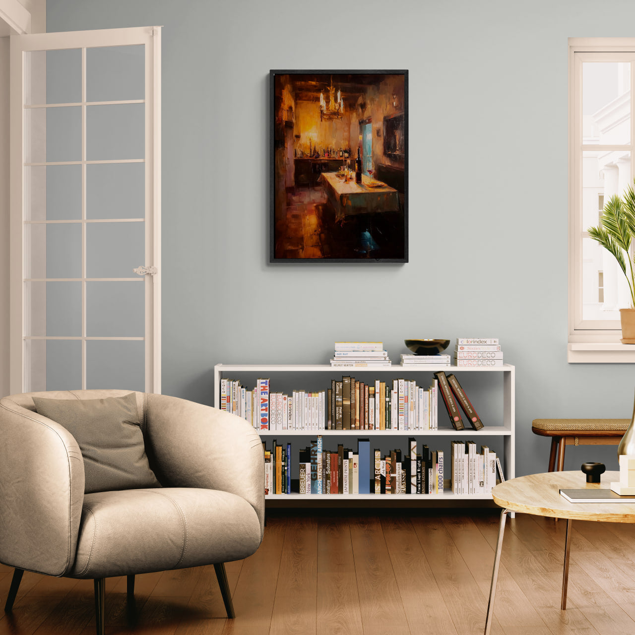Alps Cellar - Poster depicting a cozy dining scene with warm lighting, perfect wall art for elegant interiors.