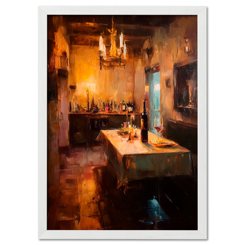 Alps Cellar - Poster featuring a cozy dining area with glowing candles and wine bottles.