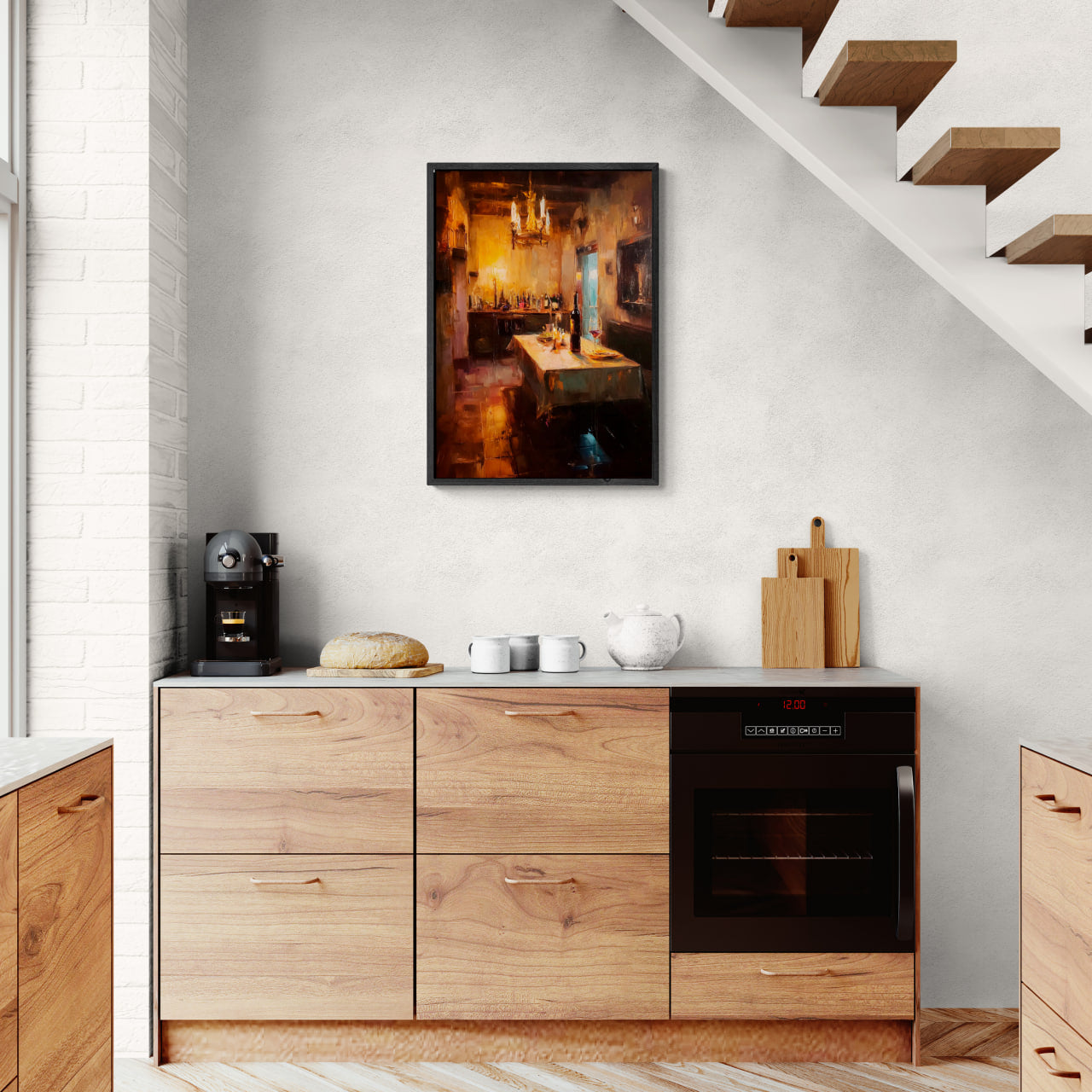 Alps Cellar - Poster in a cozy kitchen setting, showcasing warm hues and rustic decor, enhancing the wall art atmosphere.