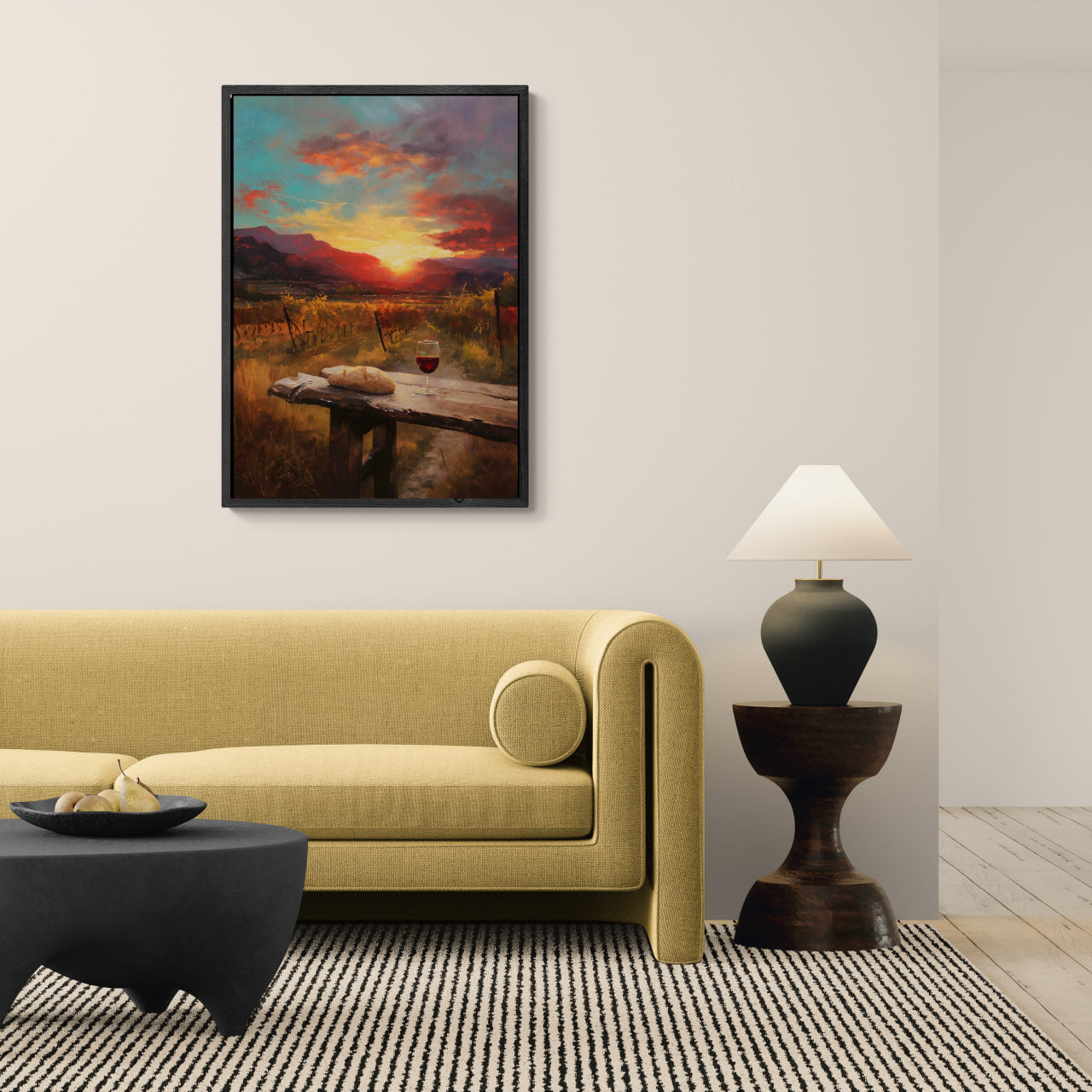 Alps Dawnvine - Poster showcasing a vineyard at sunset, adding warmth to modern minimalist interiors.