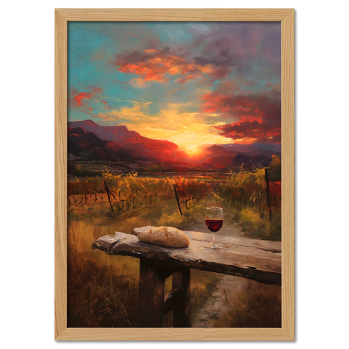 Alps Dawnvine - Poster featuring a vineyard at sunset with a glass of red wine and bread on a rustic table.