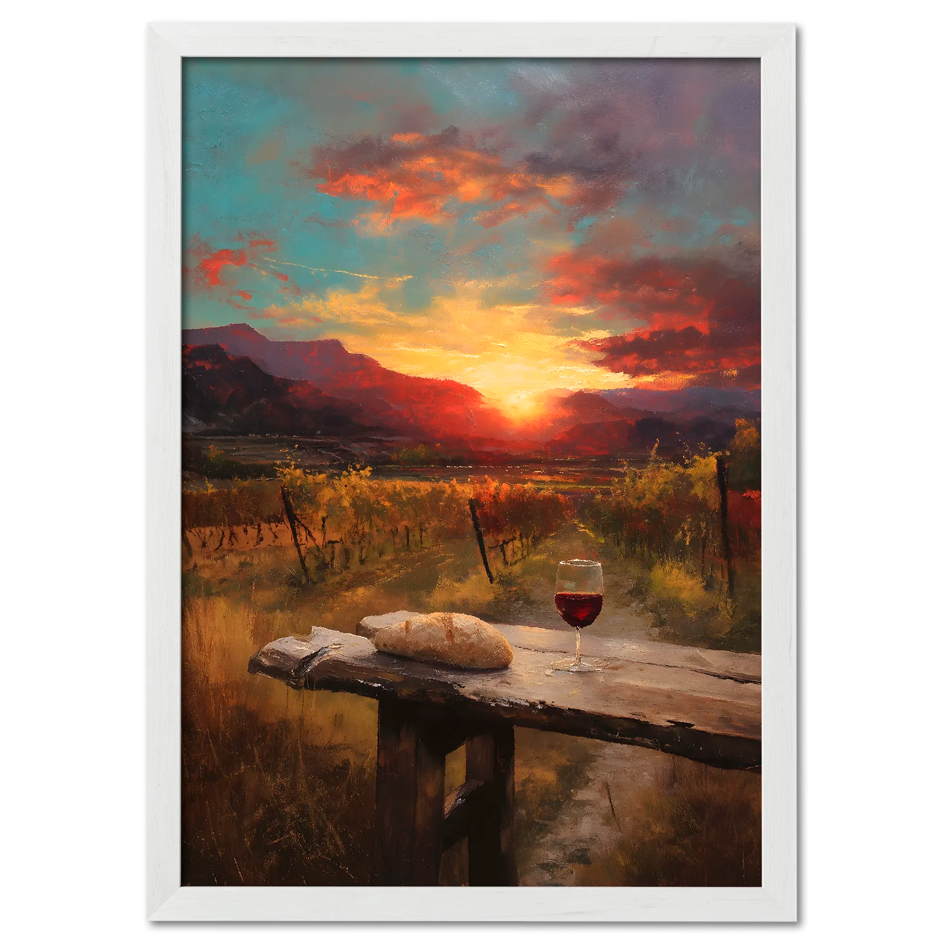 Alps Dawnvine - Poster showcasing a sunset vineyard scene with bread and a glass of wine on a rustic table.