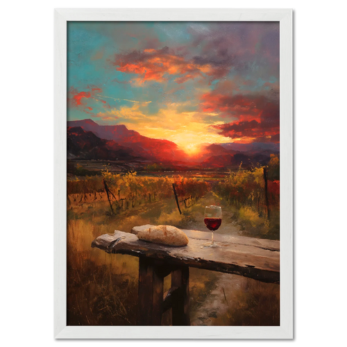 Alps Dawnvine - Poster showcasing a sunset vineyard scene with bread and a glass of wine on a rustic table.