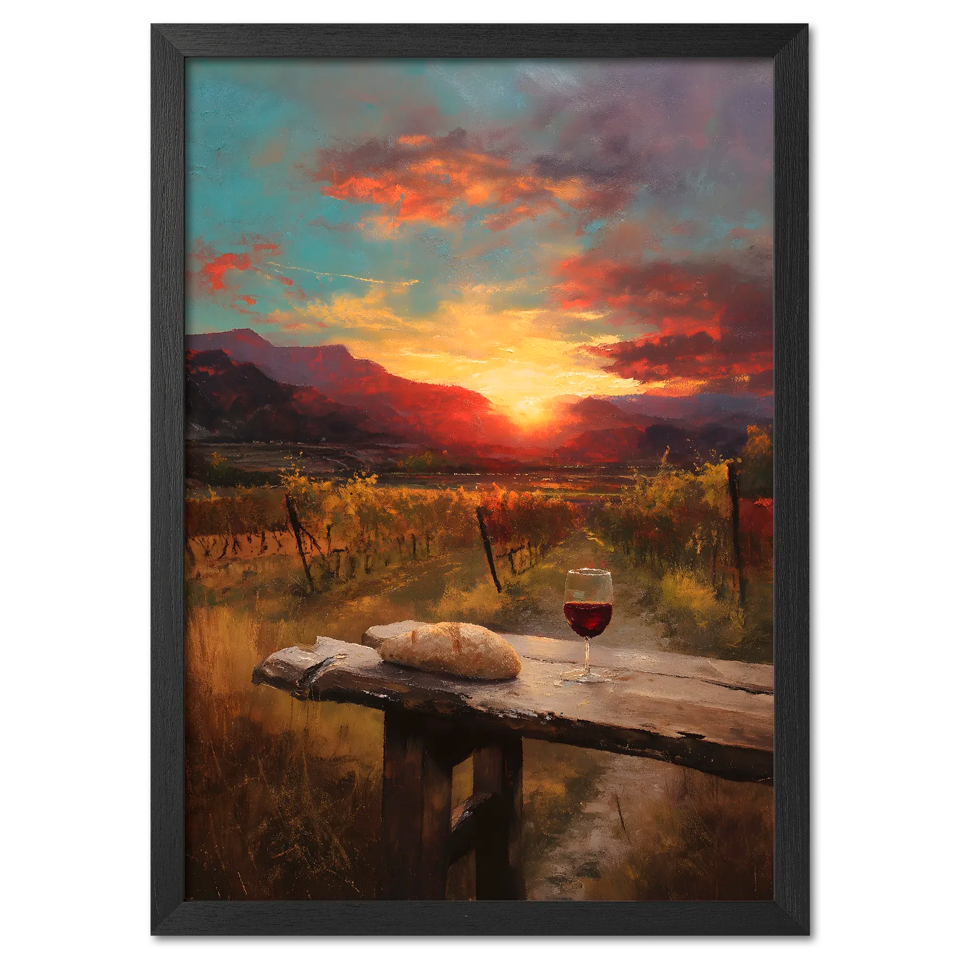 Alps Dawnvine - Poster depicting a vineyard at sunset with a loaf of bread and a glass of red wine on a rustic table.