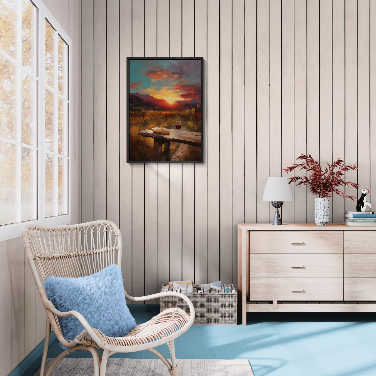 Alps Dawnvine - Poster displayed in a cozy living room, featuring warm vineyard sunset colors and rustic decor.
