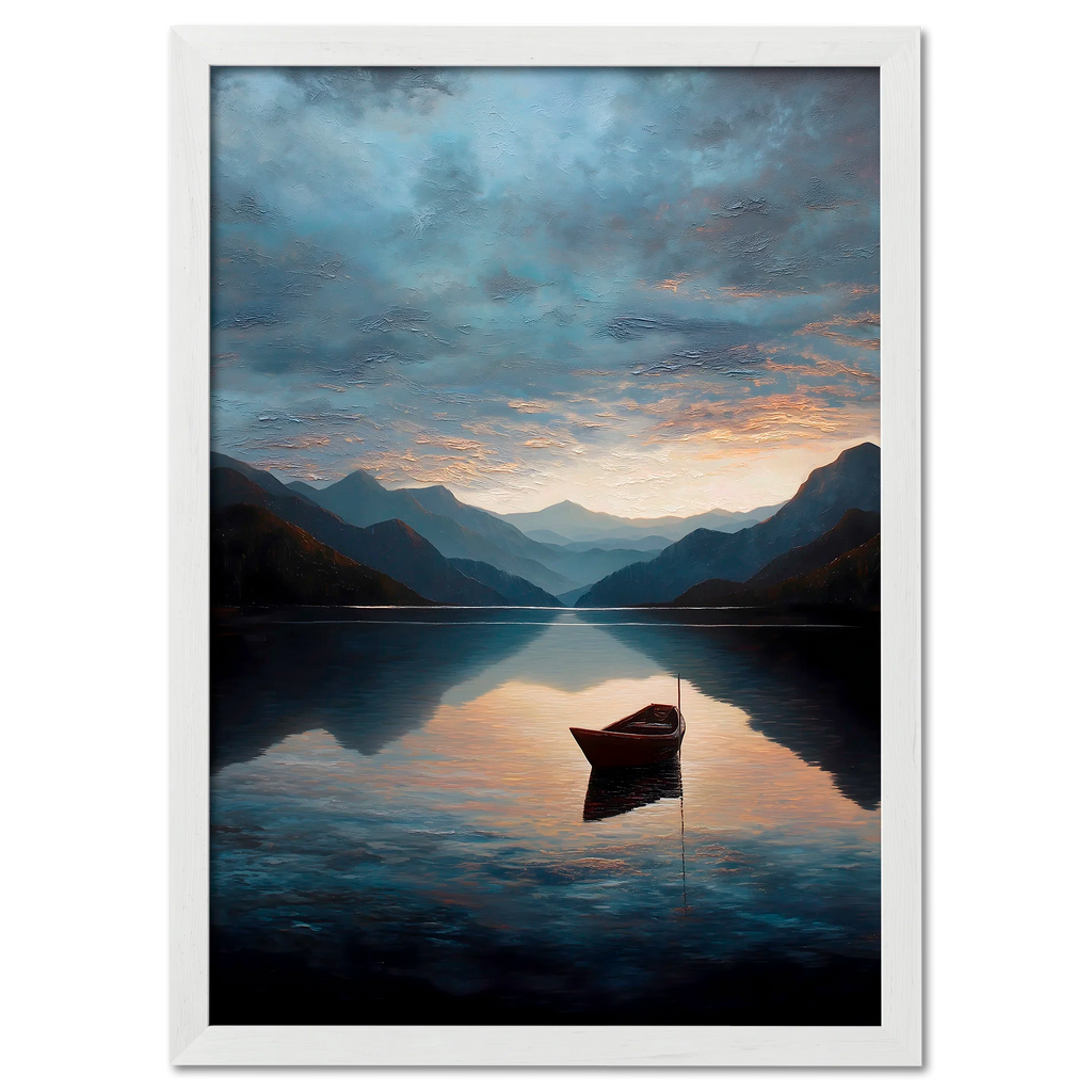 Alps Drift - Poster featuring a calm mountain lake at sunrise, with a wooden boat and misty mountains reflecting on the water.