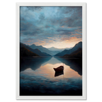 Alps Drift - Poster featuring a calm mountain lake at sunrise, with a wooden boat and misty mountains reflecting on the water.