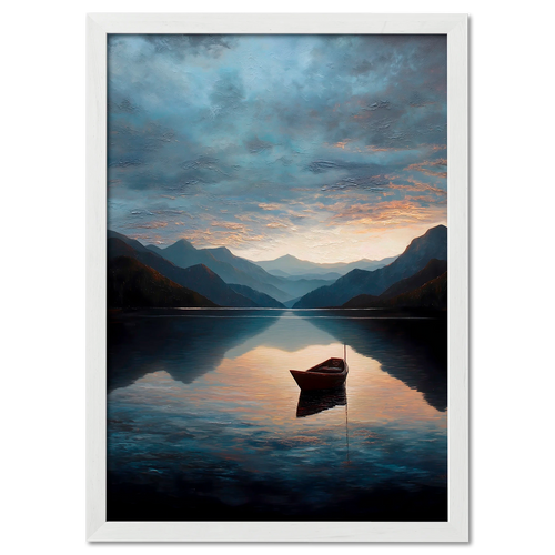 Alps Drift - Poster featuring a calm mountain lake at sunrise, with a wooden boat and misty mountains reflecting on the water.