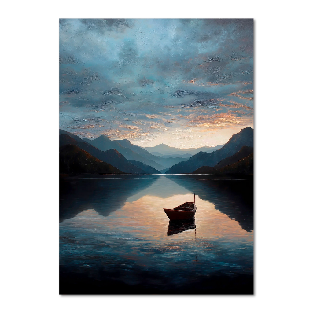 Alps Drift - Poster featuring a calm mountain lake at sunrise with a wooden boat floating in still water.