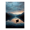 Alps Drift - Poster featuring a calm mountain lake at sunrise with a wooden boat floating in still water.