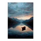 Alps Drift - Poster featuring a calm mountain lake at sunrise with a wooden boat floating in still water.