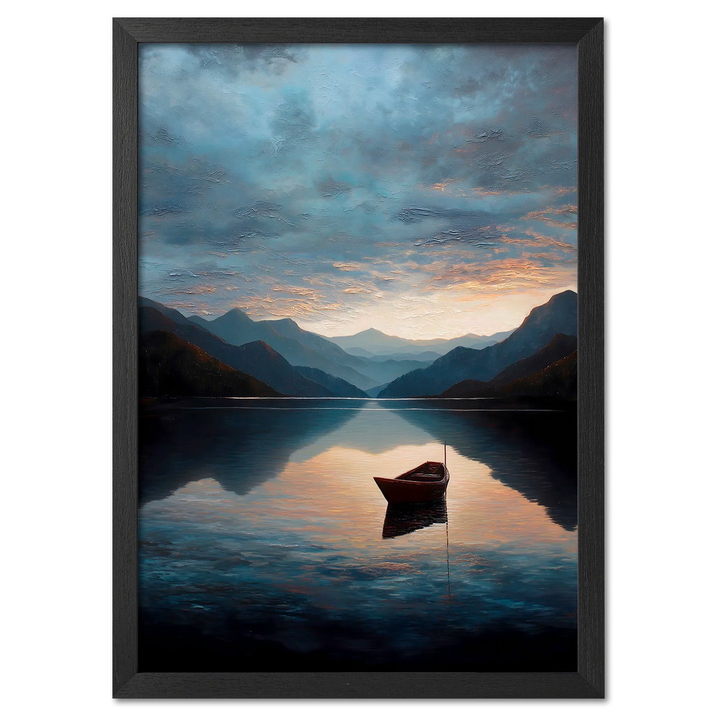 Alps Drift - Poster featuring a serene mountain lake at sunrise with a small boat floating in calm waters.