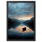Alps Drift - Poster featuring a serene mountain lake at sunrise with a small boat floating in calm waters.
