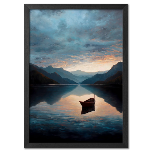 Alps Drift - Poster featuring a serene mountain lake at sunrise with a small boat floating in calm waters.
