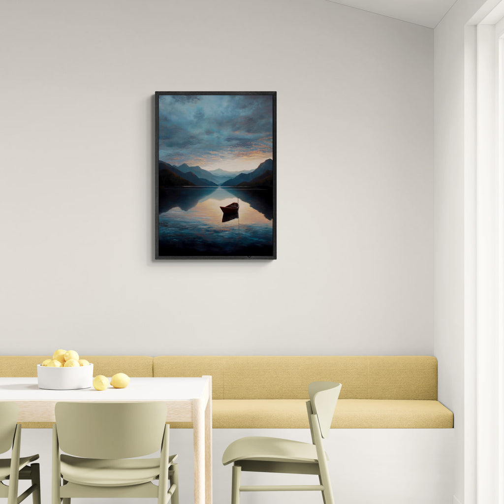 Alps Drift - Poster of a calm mountain lake with a small boat, ideal for modern minimalist interiors and bright living rooms.