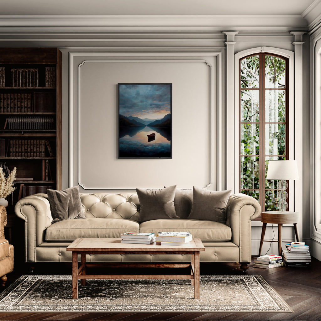 Alps Drift - Poster displayed in a cozy living room setting, showcasing serene lake reflections and calming colors.
