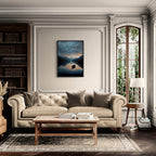 Alps Drift - Poster displayed in a cozy living room setting, showcasing serene lake reflections and calming colors.