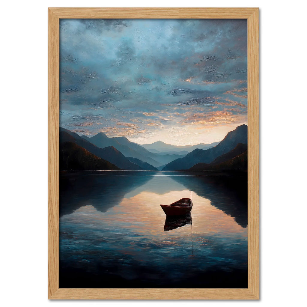 Alps Drift - Poster featuring a serene mountain lake at sunrise with a red boat floating on calm water.