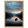 Alps Drift - Poster featuring a serene mountain lake at sunrise with a red boat floating on calm water.