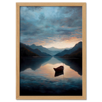 Alps Drift - Poster featuring a serene mountain lake at sunrise with a red boat floating on calm water.