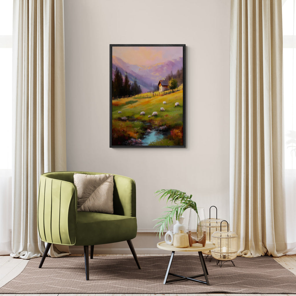 Alps Dusk - Poster showcasing an alpine meadow at sunset, perfect for modern minimalist home decor.