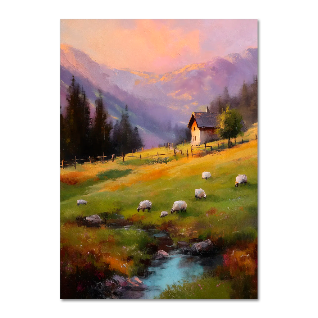 Alps Dusk - Poster featuring an alpine meadow at sunset with sheep grazing and a cozy house.