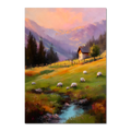 Alps Dusk - Poster featuring an alpine meadow at sunset with sheep grazing and a cozy house.