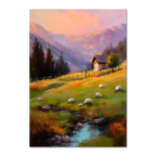 Alps Dusk - Poster featuring an alpine meadow at sunset with sheep grazing and a cozy house.