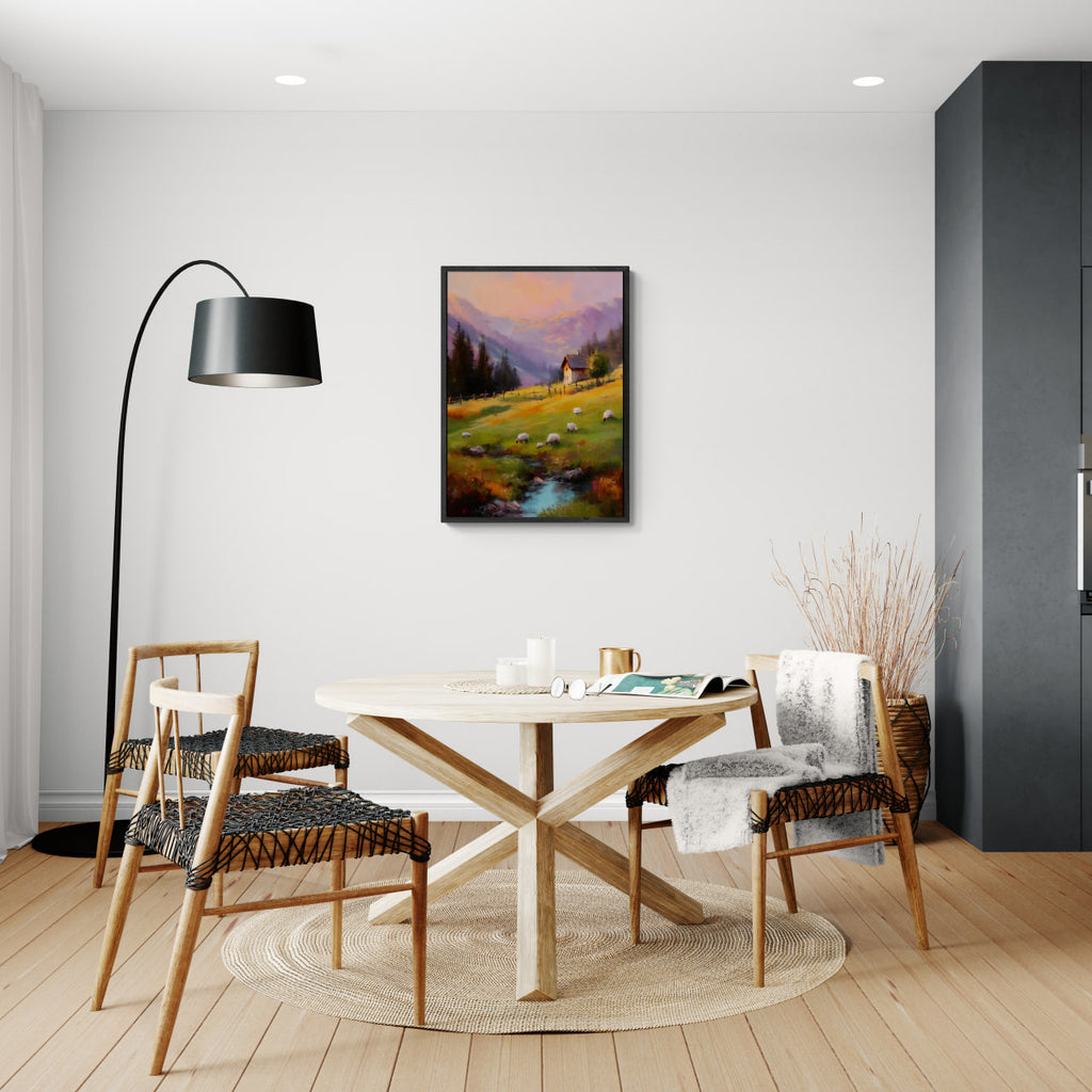 Alps Dusk - Poster displayed in a modern dining room with cozy decor and natural light.