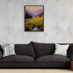 Alps Dusk - Poster showcasing a serene alpine meadow at sunset with sheep and a cozy house.