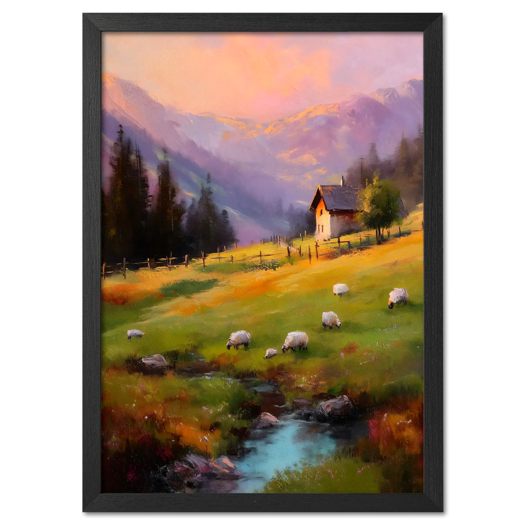 Alps Dusk - Poster featuring a serene alpine meadow at sunset with sheep and a cozy house.