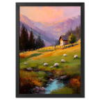 Alps Dusk - Poster featuring a serene alpine meadow at sunset with sheep and a cozy house.