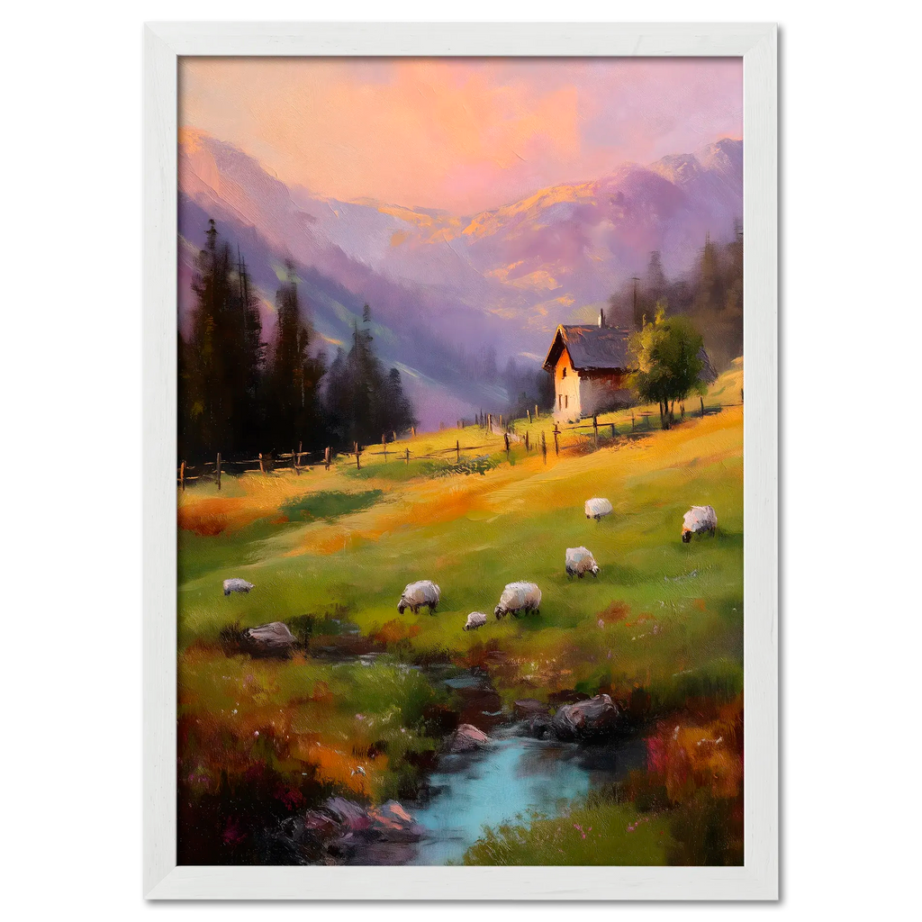 Alps Dusk - Poster showcasing an alpine meadow at sunset with sheep and a cozy house.