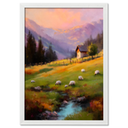 Alps Dusk - Poster showcasing an alpine meadow at sunset with sheep and a cozy house.