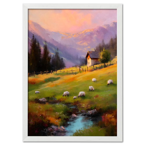 Alps Dusk - Poster showcasing an alpine meadow at sunset with sheep and a cozy house.