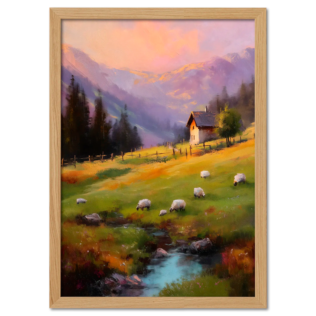 Alps Dusk - Poster featuring an alpine meadow with sheep and a cozy house at sunset.