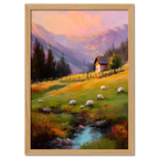 Alps Dusk - Poster featuring an alpine meadow with sheep and a cozy house at sunset.