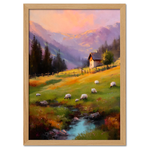 Alps Dusk - Poster featuring an alpine meadow with sheep and a cozy house at sunset.