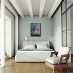 Alps Ember - Poster showcased in a modern bedroom, featuring an alpine peak artwork above a light bed.