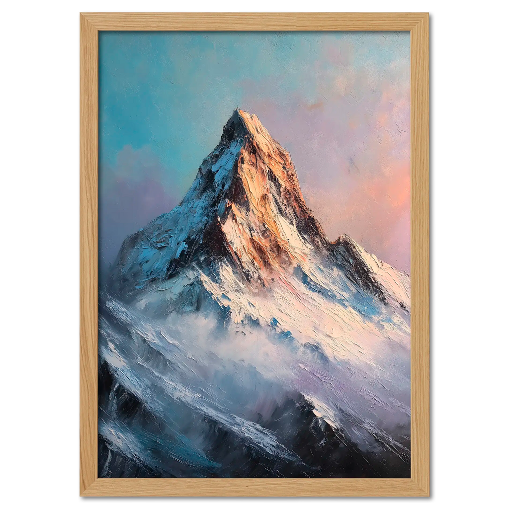 Alps Ember - Poster featuring a majestic alpine peak above misty ridges in soothing blue and lavender tones.