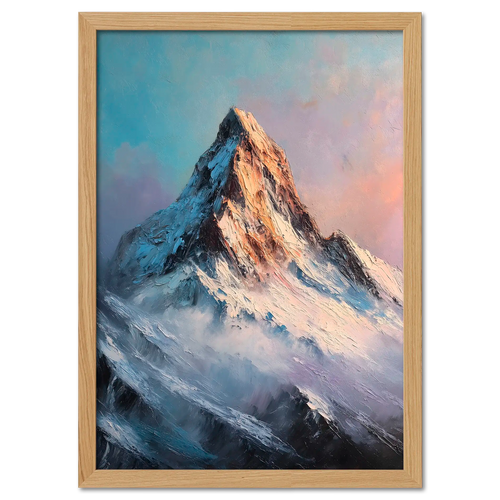 Alps Ember - Poster featuring a majestic alpine peak above misty ridges in soothing blue and lavender tones.