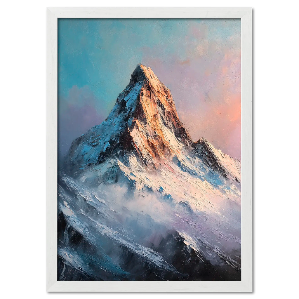 Alps Ember - Poster featuring an alpine peak above misty ridges in soft blue, lavender, and golden tones.