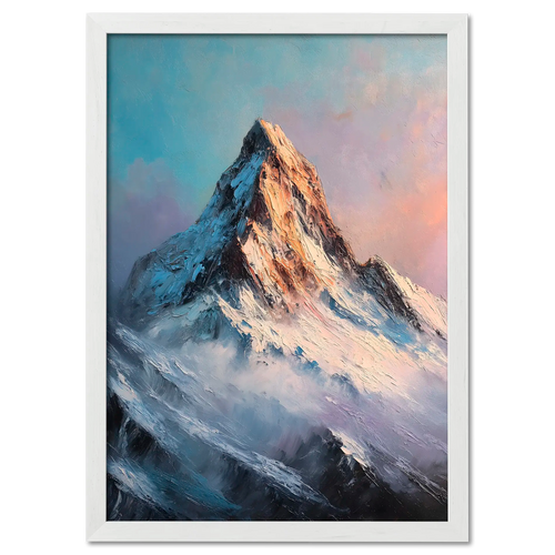 Alps Ember - Poster featuring an alpine peak above misty ridges in soft blue, lavender, and golden tones.