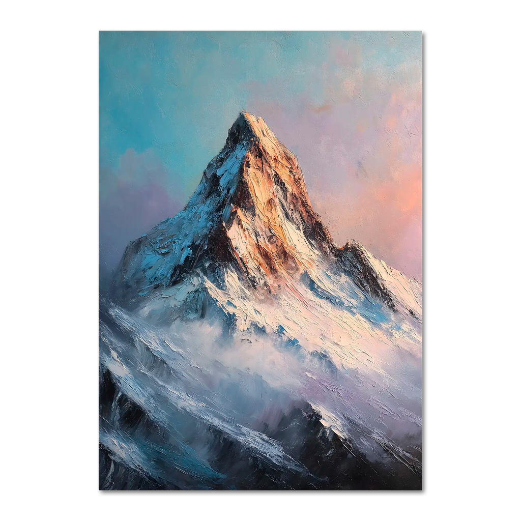 Alps Ember - Poster featuring a majestic alpine peak above misty ridges in soft blue and lavender tones.