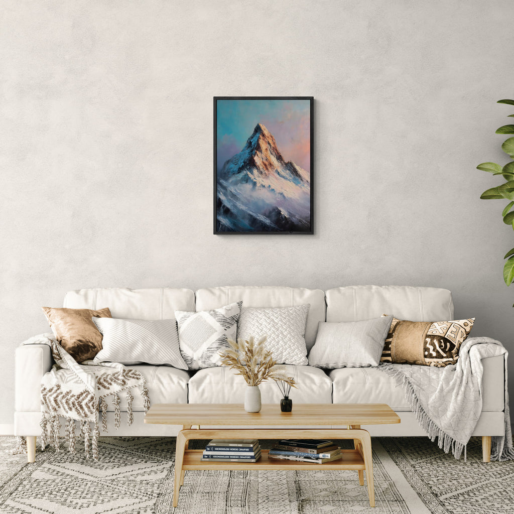 Alps Ember - Poster displayed above a modern sofa, showcasing striking alpine art in soft blue and lavender tones.